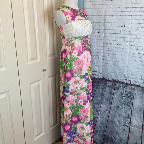 TOBY For Young Hawaii Vintage Floral Eyelet Sleeveless Maxi Dress S Retro Luau - Picture 1 of 16